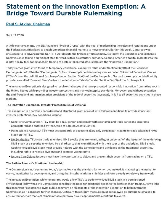 An SEC statement titled 'Statement on the Innovation Exemption: A Bridge Toward Durable Rulemaking' by Chairman Paul S. Atkins, dated Sept. 17, 2026, discussing the 'innovation exemption' for trading tokenized NMS stock.