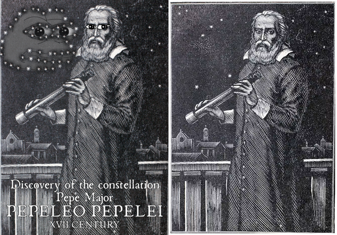 A historical illustration titled 'Discovery of the constellation Pepe Major PEPELEO PEPELEI XVII CENTURY' showing two side-by-side panels of a 17th-century astronomer looking through a telescope, with the left panel featuring an added constellation of three Pepe the Frog eyes surrounded by stars.