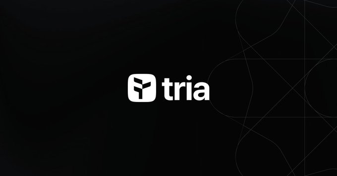 A dark screen displaying the 'tria' logo in white alongside a stylized triangular icon.