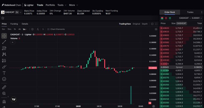 The image shows a trading interface on Lighter for the $CASHCAT perpetual contract, displaying a candlestick chart with a notable price spike around 18:15 reaching above 0.16000, alongside an order book showing a spread between 0.10041 and 0.10260 at a mark price of 0.10071, supporting the post's suggestion of coordinated or "non-random" market activity around the token's debut.