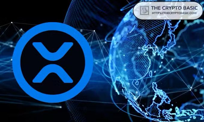 A promotional graphic for The Crypto Basic featuring the XRP (Ripple) logo prominently displayed against a blue digital globe background with network connection lines.