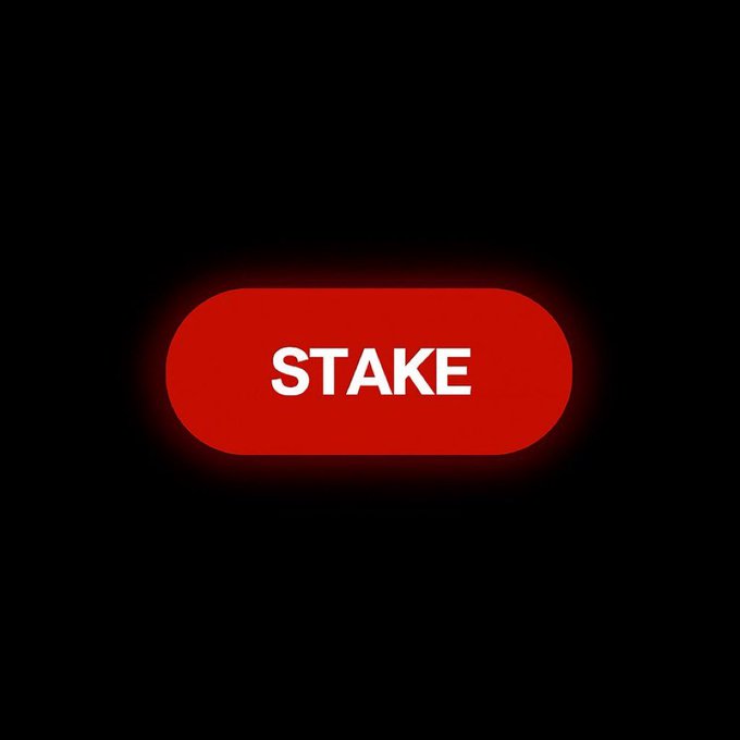 The image shows a red button with the white text "STAKE" on a black background, representing the action called out in the post to stake TRX for liquid staking on JustLendDAO.