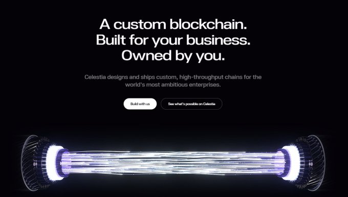 A dark promotional banner reading 'A custom blockchain. Built for your business. Owned by you.' for Celestia, featuring a glowing 3D blockchain graphic.