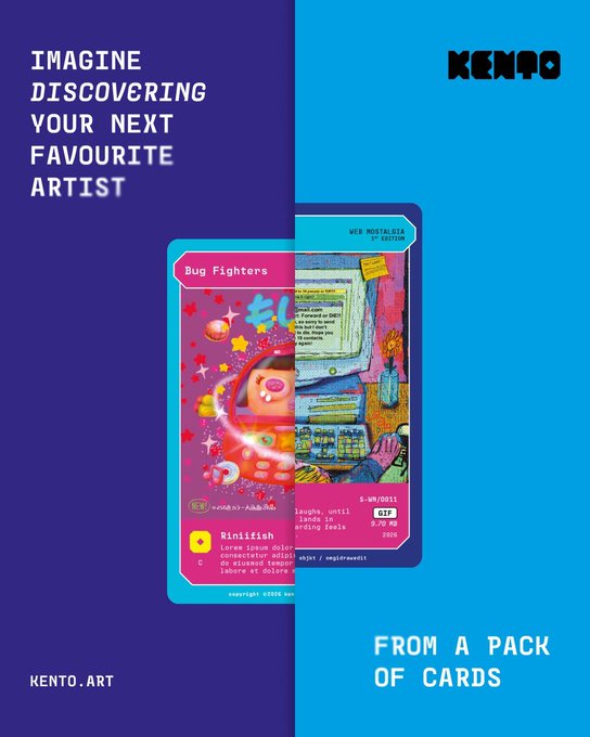 A marketing image for KENTO with the text 'IMAGINE DISCOVERING YOUR NEXT FAVOURITE ARTIST' on a purple background and 'FROM A PACK OF CARDS' on a blue background, featuring a colorful trading card design labeled 'Bug Fighters' with character artwork and statistics.