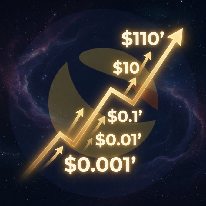 The image shows a glowing upward-trending arrow over a cosmic background, overlaid with the Terra Luna Classic ($LUNC) logo and price milestones: $0.001, $0.01, $0.1, $10, and $110. It visually reinforces the post's hope for $LUNC to "skyrocket," illustrating the massive potential gains from its current low price to higher speculative targets.
