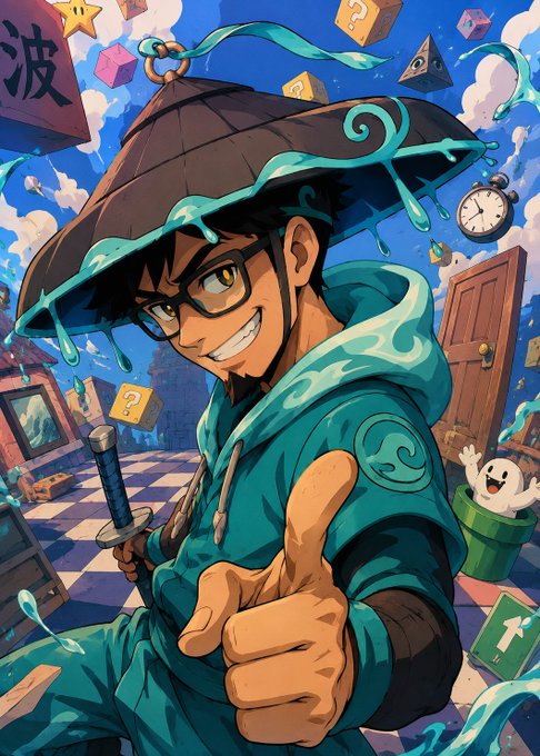 A vibrant anime-style illustration of a grinning young man with glasses wearing a traditional conical bamboo hat and teal hoodie, giving a thumbs-up gesture amid floating Mario-style question mark blocks, a pocket watch, and surreal elements.