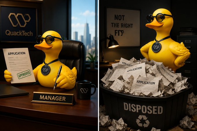 A two-panel meme showing a duck in glasses at a 'QuackTech' company: on the left, the duck approves an 'APPLICATION' as a 'MANAGER', and on the right, 'NOT THE RIGHT FIT' applications are thrown into a 'DISPOSED' trash bin.
