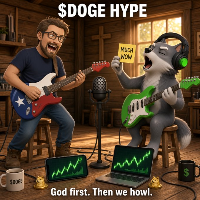 A digital illustration/AI-generated meme showing a bearded man and a dog both playing electric guitars (red/white/blue Texas flag style and green) in a wooden cabin, with text '$DOGE HYPE' and 'God first. Then we howl.' plus a 'MUCH WOW' sign and rising stock charts.