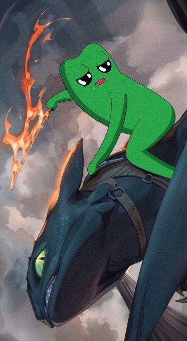 The image depicts a sad green frog wielding a flaming sword while riding on the back of Toothless, the Night Fury dragon from "How to Train Your Dragon," soaring through cloudy skies. The meme combines the adorable yet determined "Fwog" character with the epic dragon-riding fantasy scene, symbolizing the frog's adventurous journey and resilience while holding the $FWOG token.