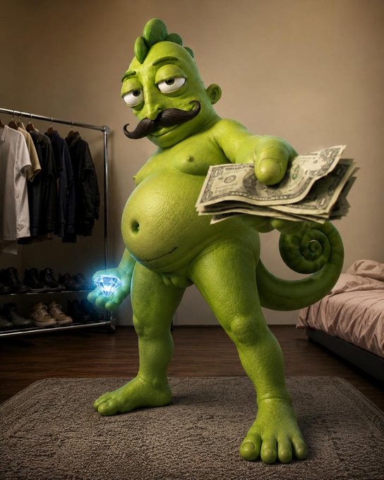 A green, cartoonish character with a mustache and tail holds out a wad of cash and a glowing diamond, symbolizing value and opportunity. The image illustrates the post's message about recognizing and holding onto valuable assets like $ALO.