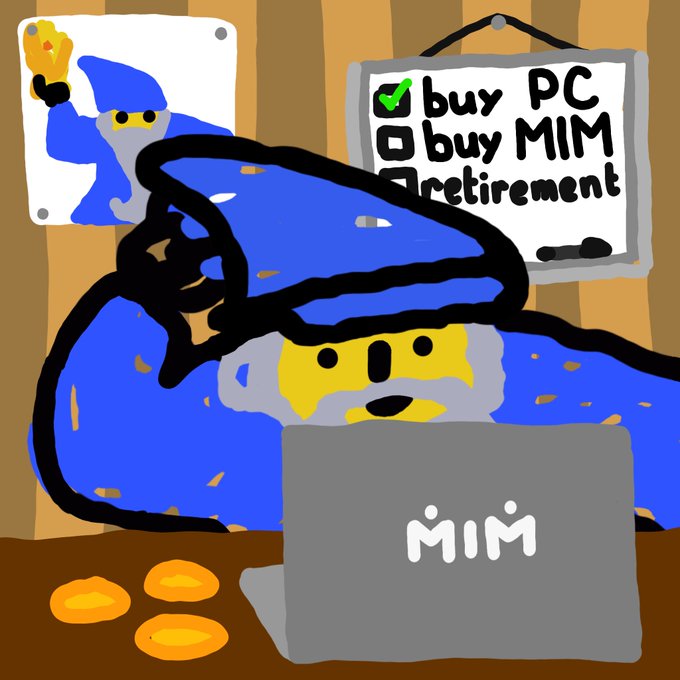 A cartoon drawing of a figure in blue wizard robes using a laptop labeled 'MIM' with a checklist on the wall showing 'buy PC' checked off and 'buy MIM' and 'retirement' as goals.