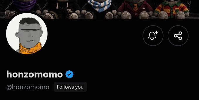 The image shows a Twitter profile for "honzomomo" (@honzomomo) with a verified blue checkmark, featuring an avatar of a cartoon character in an orange scarf and a banner displaying Knitted Chucky dolls. The "Follows you" label indicates the user follows the viewer, with notification and share icons visible, suggesting this is the profile of someone promoting an upcoming NFT collection drop called "Matrix" with a 3,333 supply and a $2 mint price.