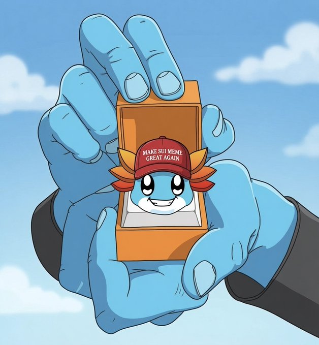 A cartoon illustration of large blue hands holding a small, smiling blue character wearing a red 'MAKE $UI MEME GREAT AGAIN' hat inside a small box.