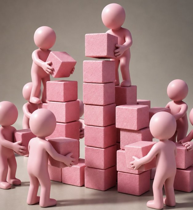 A 3D render depicts several pink, faceless humanoid figures stacking and holding pink textured blocks, building tower-like structures against a neutral background.