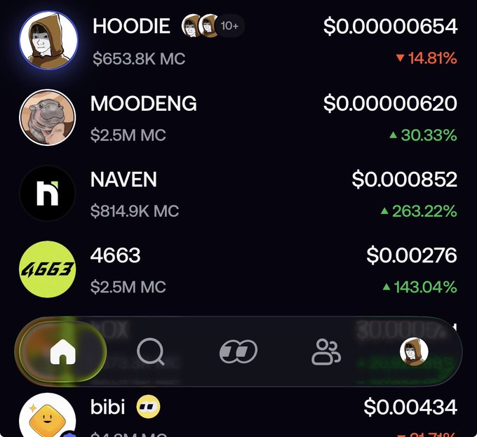 Cryptocurrency app showing meme coin listings including HOODIE, MOODENG, NAVEN, and 4663 with their prices and percentage changes.