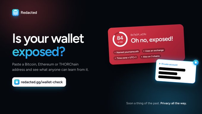 A promotional graphic for Redacted asking 'Is your wallet exposed?' directing viewers to redacted.gg/wallet-check, showing a sample exposed wallet score of 84 with details like 'Named yourname.eth' and 'Uses an exchange'.