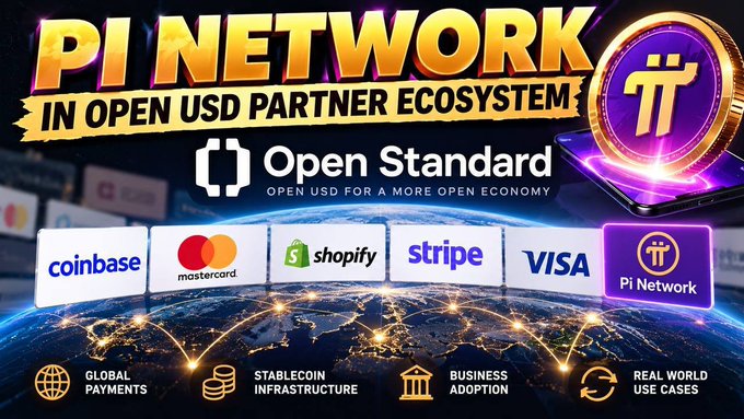 The image is a promotional graphic titled "PI NETWORK IN OPEN USD PARTNER ECOSYSTEM," featuring the Pi Network logo alongside the Open Standard "Open USD for a More Open Economy" branding, with partner logos displayed for Coinbase, Mastercard, Shopify, Stripe, Visa, and Pi Network, and key focus areas listed at the bottom: Global Payments, Stablecoin Infrastructure, Business Adoption, and Real World Use Cases. This visual supports the post's announcement that Pi Network has been listed in the Open Standard/Open USD partner ecosystem alongside major industry names, highlighting potential next steps for the Pi ecosystem.