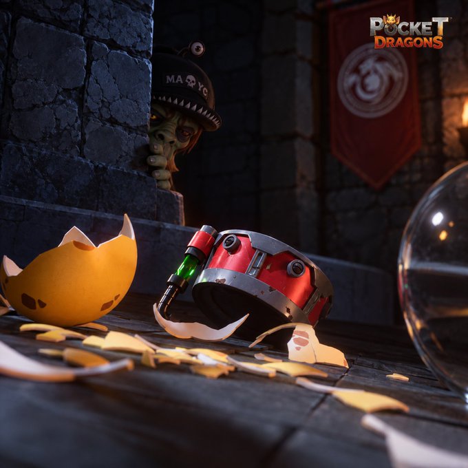A promotional image for Pocket Dragons featuring a cracked golden eggshell and a red, damaged mechanical helmet with a syringe on the ground.