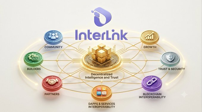 The image features a circular diagram with various icons representing different aspects of Interlink Private Mainnet. The main focus of the image is the "Interlink" logo positioned at the center, surrounded by smaller icons that represent different elements such as mining, community, trust and security, and more. These icons are arranged in a visually appealing manner to showcase the features and benefits of Interlink Private Mainnet.