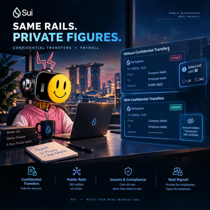 A promotional graphic for Sui blockchain titled 'SAME RAILS. PRIVATE FIGURES. CONFIDENTIAL TRANSFERS x PAYROLL', comparing 'Without Confidential Transfers' (Visible) and 'With Confidential Transfers' (Hidden) transactions, featuring a robot character wearing a smiley face mask.