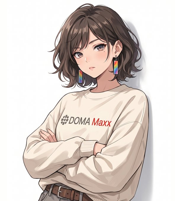 An anime-style illustration of a young woman with short brown hair wearing a cream-colored sweatshirt featuring the "DOMA Maxx" logo, paired with rainbow-striped earrings, standing with her arms crossed. The image visually represents the "DOMA Maxx" brand mentioned in the post highlighting Doma's $325M trading volume milestone and points program.
