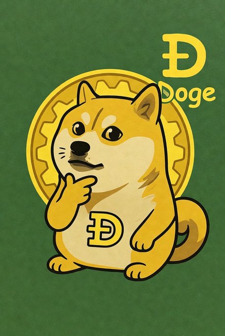 An illustration of a Shiba Inu dog (Doge) sitting in front of a large golden Dogecoin, with 'Doge' and a 'Ð' symbol displayed on a green background.