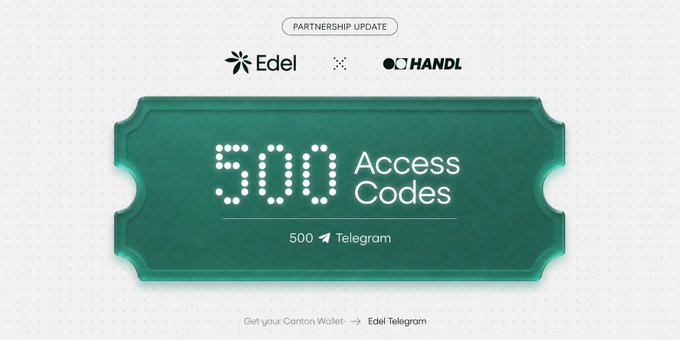 A graphic announcing a 'PARTNERSHIP UPDATE' between Edel and HANDL, featuring a green ticket that reads '500 Access Codes' for 500 Telegram users.
