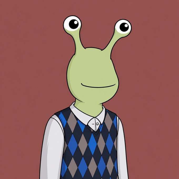 A cartoon illustration of a green alien-like creature with large eyes on stalks, wearing a white collared shirt and an argyle sweater vest, against a solid red background.