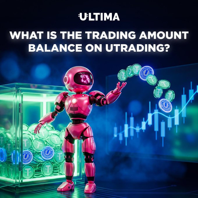 A promotional graphic with text reading 'ULTIMA' and 'WHAT IS THE TRADING AMOUNT BALANCE ON UTRADING?' featuring a pink robot figure alongside green UTrading tokens and a trading chart.