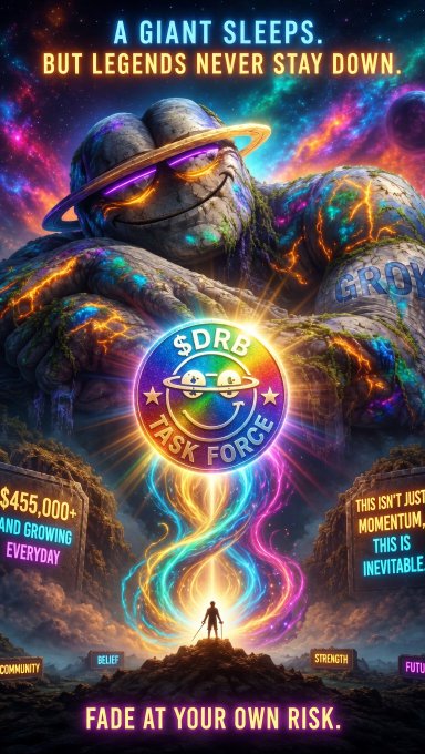 A promotional poster titled 'A GIANT SLEEPS. BUT LEGENDS NEVER STAY DOWN' features a colossal slumbering troll with '$DRB TASK FORCE' branding, cosmic background, and the text 'FADE AT YOUR OWN RISK.'