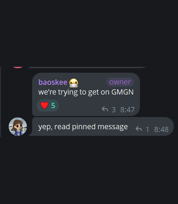 A Discord chat where user 'baoskee' (owner) says 'we're trying to get on GMGN', and another user replies 'yep, read pinned message'.