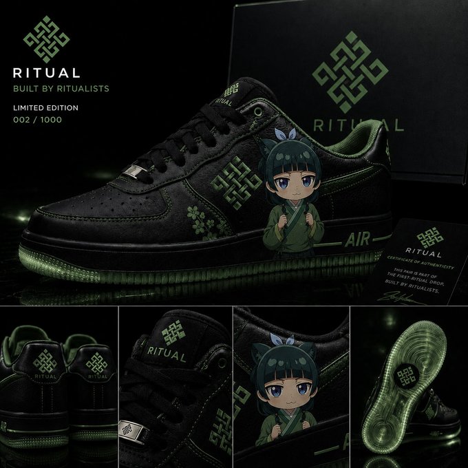 Promotional image for RITUAL limited edition sneakers (002/1000) by 'Built by Ritualists,' featuring black shoes with green accents, an anime-style character, and a certificate of authenticity marking 'the first ritual drop.'