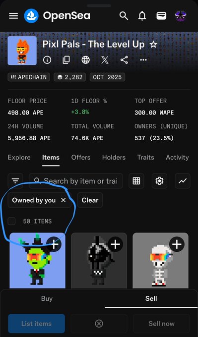 A screenshot of the OpenSea mobile app showing a collection called 'Pixl Pals - The Level Up' on the Apechain network, with a filter for 'Owned by you' circled in blue, showing 50 items.