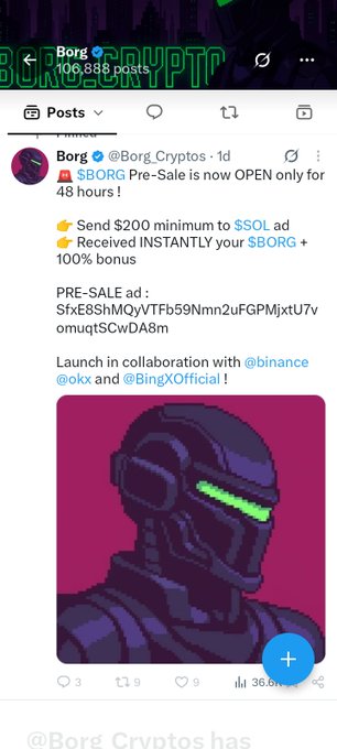 A Twitter post from 'Borg' (@Borg_Cryptos) announces a pre-sale for the $BORG token, offering a 100% bonus for sending a minimum of $200 in $SOL to a specific address. The post includes a pixel art image of a character in a purple spacesuit and mentions collaborations with @okx and @BingXOfficial.