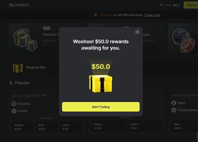A pop-up on the Pred trading platform displays "Woohoo! $50.0 rewards awaiting you" alongside a glowing treasure box, prompting users with a yellow "Start Trading" button to claim their Surprise Drop reward earned through activity on Base.