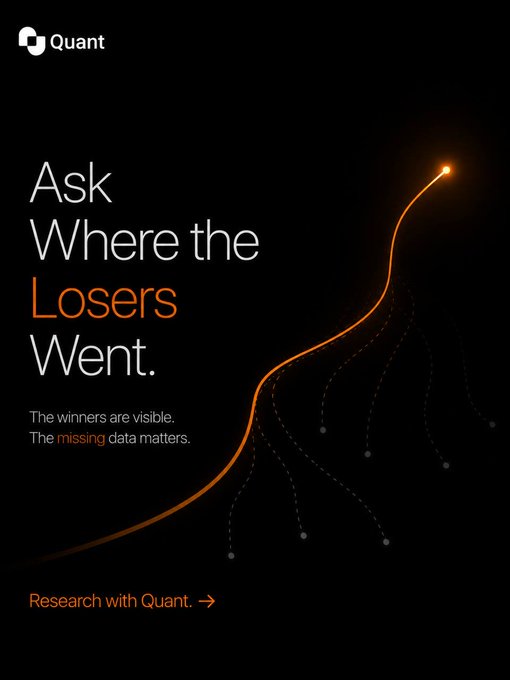 A Quant advertisement with black background displaying the tagline "Ask Where the Losers Went. The winners are visible. The missing data matters." with an orange line graph and "Research with Quant. →" call-to-action.