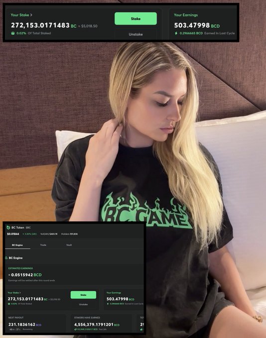 A blonde woman in a black graphic t-shirt sits on a bed, with cryptocurrency staking interface overlays showing BC token stats including 272,153.0171483 BC staked and 503.47998 BCD earnings.