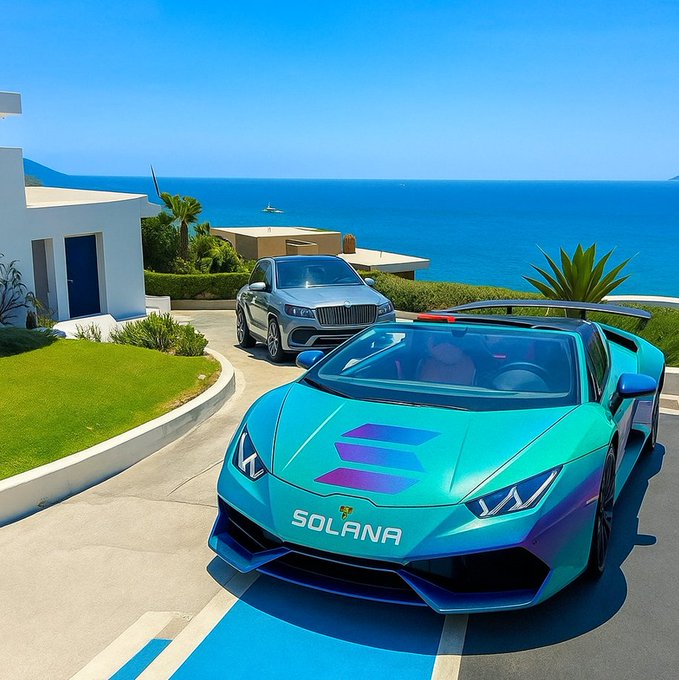 A digitally rendered image shows a teal sports car with a purple logo and the text "SOLANA" parked on a coastal driveway, with a grey SUV parked behind it overlooking the ocean.