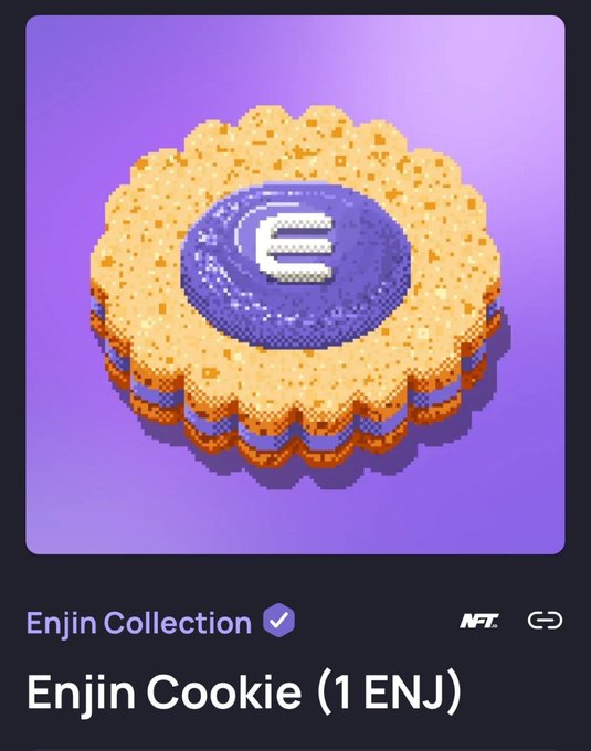A pixel art illustration of a cookie NFT on a purple background, labeled 'Enjin Collection' and 'Enjin Cookie (1 ENJ)'.