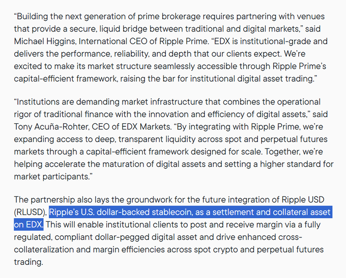 The image shows a document titled "Building the next generation of prime brokerage requires partnership between venues that provide secure liquid bridge between traditional and digital markets". The text discusses the importance of partnerships for the growth of the industry, with a focus on leveraging technology like Ripple Prime for financial integration.