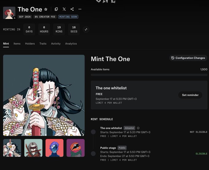 An OpenSea mint page for "The One" NFT collection, showing a 0% creator fee with 19 minutes and 16 seconds remaining until minting begins, featuring anime-style artwork of a sword-wielding figure alongside a mint schedule with whitelist (Sept 17) and public stage (Sept 17-27) phases at 1,500 available items.