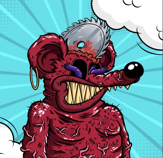A menacing red, furry monster with a chainsaw blade protruding from its head, sharp jagged teeth, and a gold hoop earring grins menacingly against a bright blue comic-style background, representing a unique character from the @Monstersnft_ NFT collection.