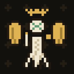 A pixel art image of a figure wearing a lab coat, surgical mask, and glasses, holding two yellow test tubes against a black background with faint cross patterns.