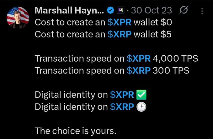 A screenshot of a tweet by Marshall Hayner comparing $XPR and $XRP, showing $XPR has lower wallet creation costs, higher transaction speed (4,000 TPS vs 300 TPS), and supports digital identity while $XRP does not, concluding "The choice is yours."