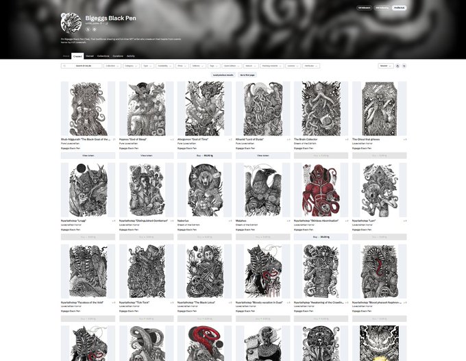 Website screenshot of "Bigegs Black Pen" storefront displaying a grid of intricate black and grey tattoo design thumbnails, including octopus, skull, and fantasy-themed artwork with pricing information.