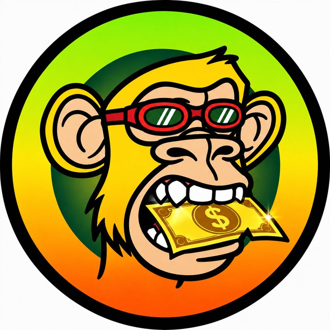 A circular cartoon logo depicting a yellow monkey wearing red-rimmed sunglasses with a green dollar bill in its mouth, set against a gradient yellow-green and orange background.