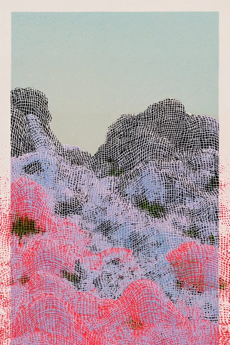 An artistic composition showing mountains or rocky forms overlaid with a crosshatch mesh pattern in pink, lavender, and black against a pale blue sky.