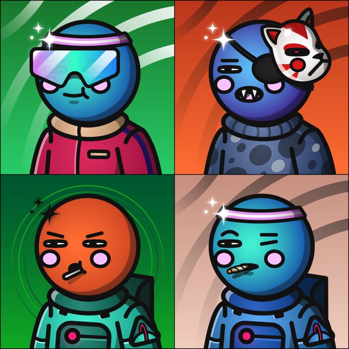 The image features a collection of four cartoon characters, each wearing a space suit and hat, with their faces painted in various colors such as orange, blue, green, and purple. The characters are arranged in a square grid format against a green background, creating an artistic and visually appealing composition. The post about GM Lots of dope sales over the past 24 hours is related to these cartoon characters, as it seems that the sale of space suits or other merchandise featuring these characters has been quite popular.