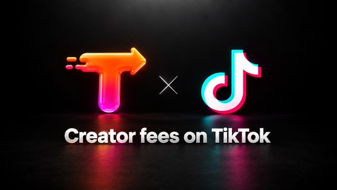 A bold 3D-rendered graphic displays an orange-pink gradient "T" arrow logo alongside the iconic TikTok logo with an "X" between them, captioned "Creator fees on TikTok," visually announcing the partnership that lets $TRENDS send creator fees directly to viral TikTok posts via TikTok gifts.