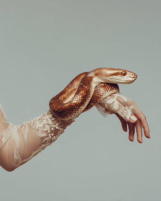 A pale hand adorned with delicate lace sleeves cradles a brown and tan snake, embodying the tension between elegance and danger. The serpent's smooth coils wrap around the wrist in an intimate yet perilous embrace, mirroring the post's description of a "Vow of Silk" as a silent, delicate, and irreversible bond.